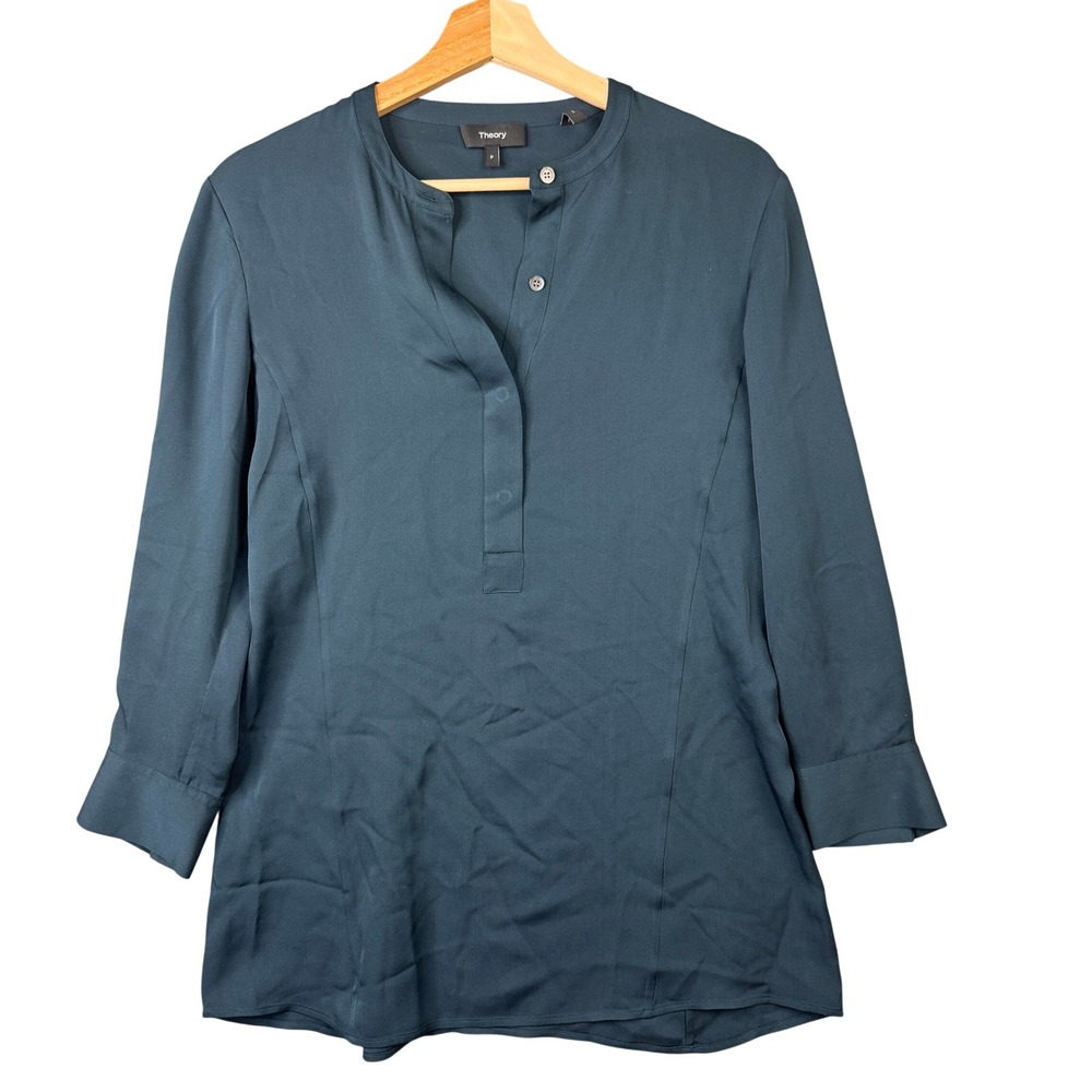 Theory Balkin Modern GGT 100% Silk Henley Blouse Dark Teal Blue Size P G0502537